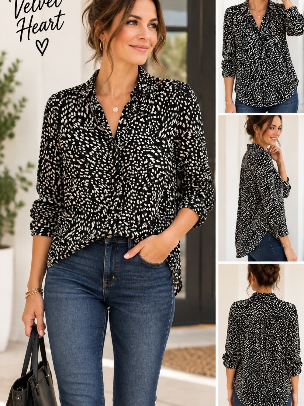 Velvet Heart Black White Abstract Animal Print Button Front Blouse M